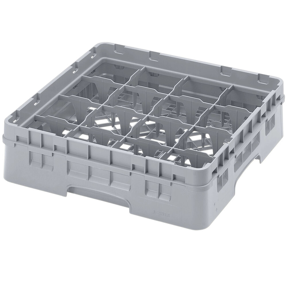 Cambro 16S318151 Camrack 3 5/8" High Customizable Soft Gray 16 Compartment Glass Rack with 1 Extender