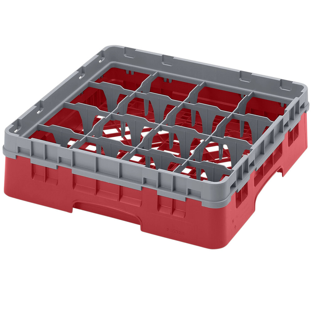 Cambro 16S318 Camrack 3 5/8" High Customizable Red 16 Compartment Glass Rack with 1 Extender