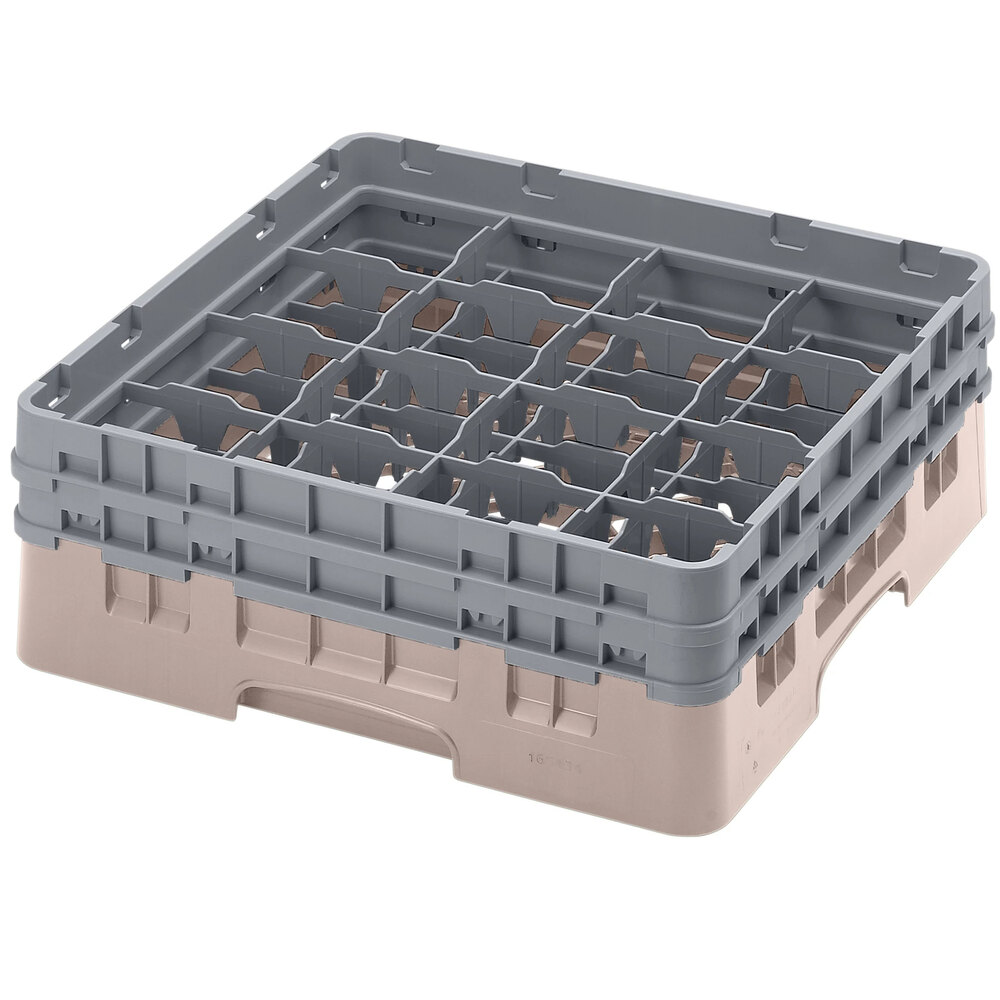 Cambro 16S434184 Camrack 5 1/4" High Customizable Beige 16 Compartment Glass Rack with 2 Extenders