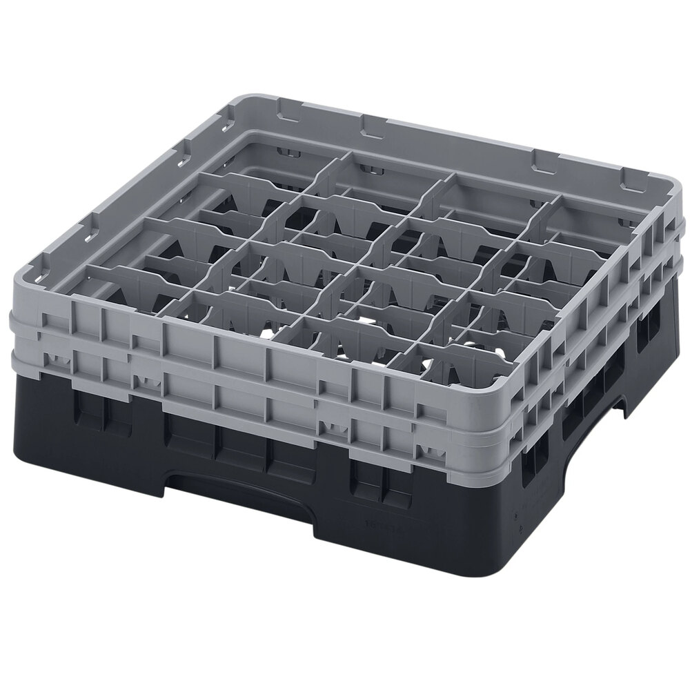 Cambro 16S434110 Camrack 5 1/4" High Customizable Black 16 Compartment Glass Rack with 2 Extenders