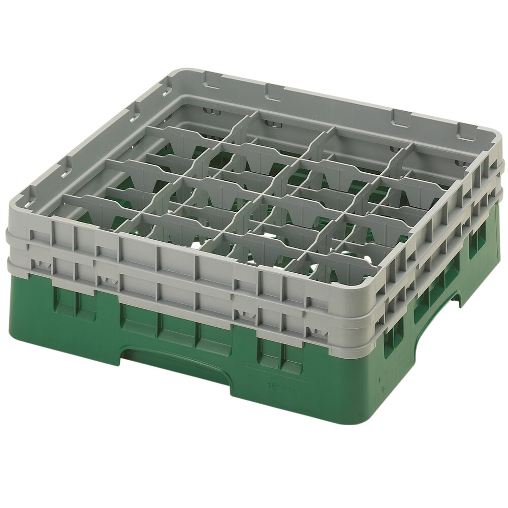 Cambro 16S434119 Camrack 5 1/4" High Customizable Sherwood Green 16 Compartment Glass Rack with 2 Extenders