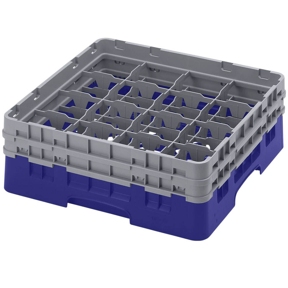 Cambro 16S434186 Camrack 5 1/4" High Customizable Navy Blue 16 Compartment Glass Rack with 2 Extenders