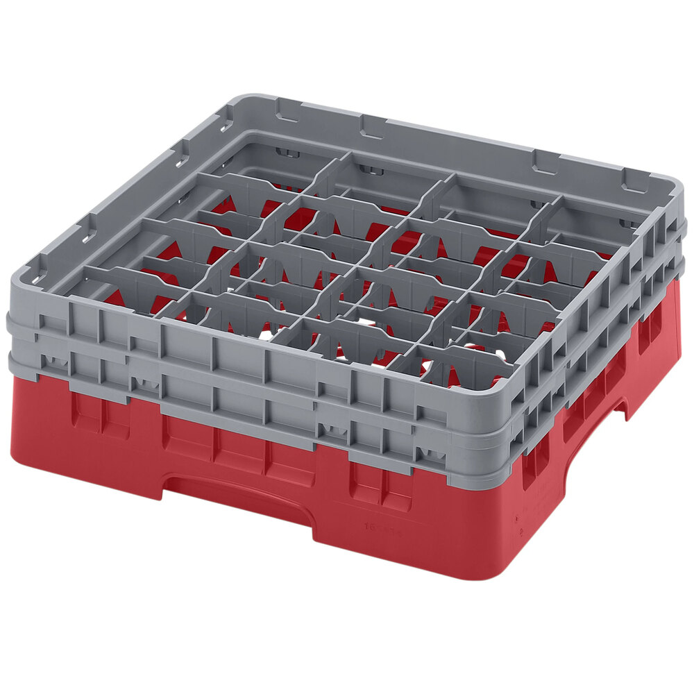 Cambro 16S434163 Camrack 5 1/4" High Customizable Red 16 Compartment Glass Rack with 2 Extenders