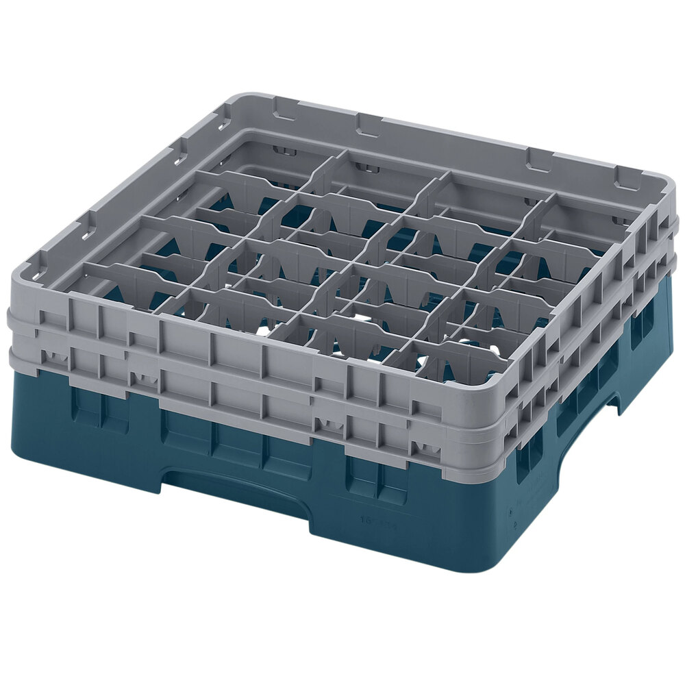Cambro 16S434414 Camrack 5 1/4" High Customizable Teal 16 Compartment Glass Rack with 2 Extenders