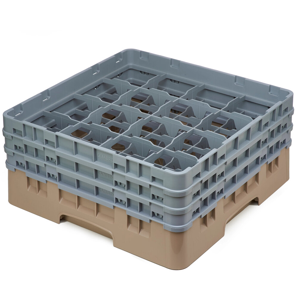 Cambro 16S638184 Camrack 6 7/8" High Customizable Beige 16 Compartment Glass Rack with 3 Extenders