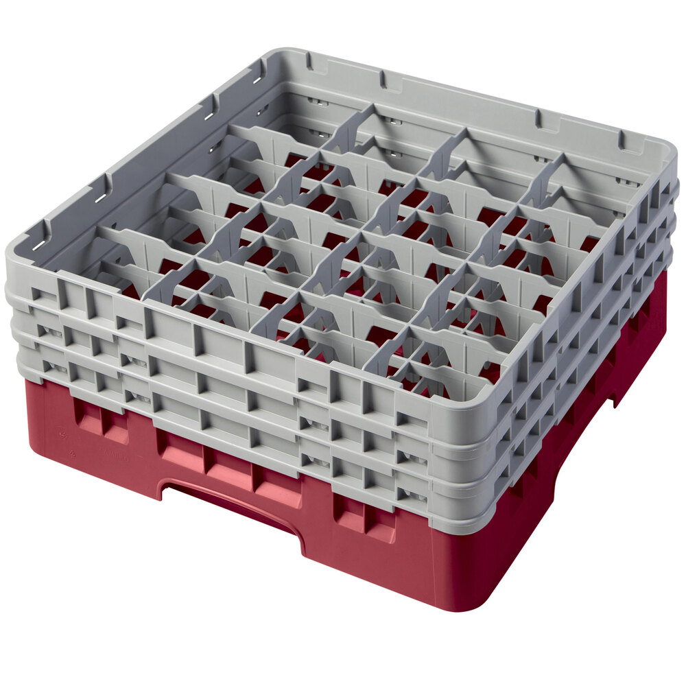 Cambro 16S638416 Camrack 6 7/8" High Customizable Cranberry 16 Compartment Glass Rack with 3 Extenders
