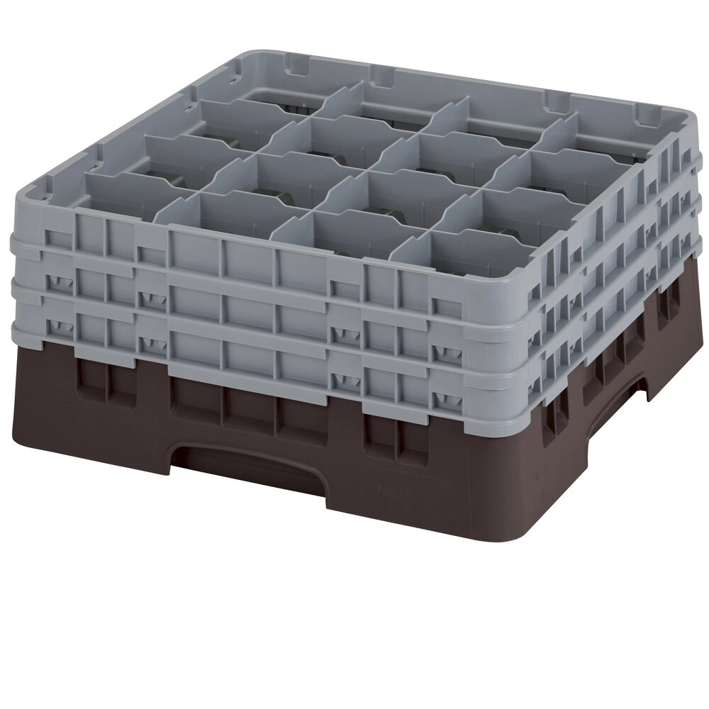 Cambro 16S738167 Camrack 7 3/4" High Customizable Brown 16 Compartment Glass Rack with 3 Extenders