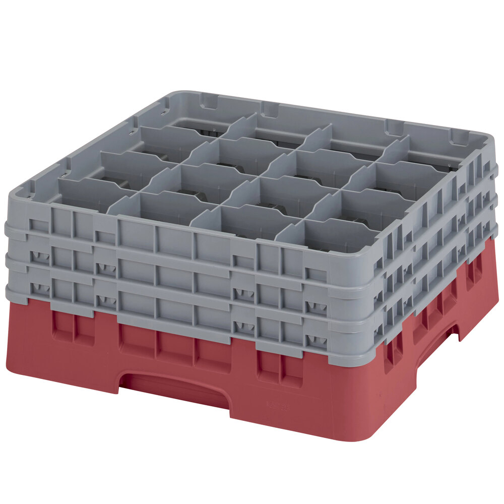 Cambro 16S738416 Camrack 7 3/4" High Customizable Cranberry 16 Compartment Glass Rack with 3 Extenders