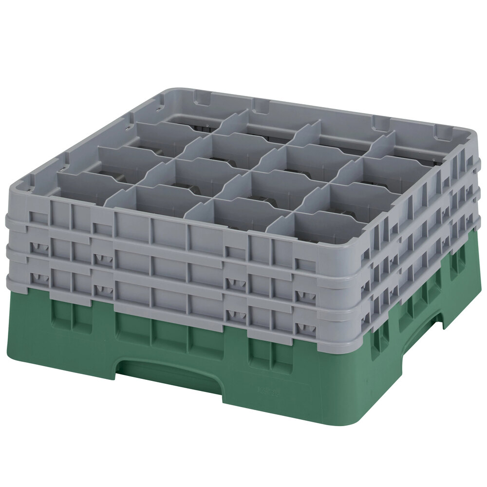 Cambro 16S738119 Camrack 7 3/4" High Customizable Sherwood Green 16 Compartment Glass Rack with 3 Extenders