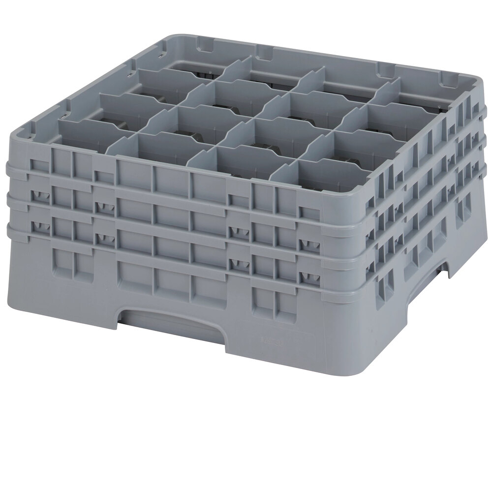 Cambro 16S738151 Camrack 7 3/4" High Customizable Soft Gray 16 Compartment Glass Rack with 3 Extenders