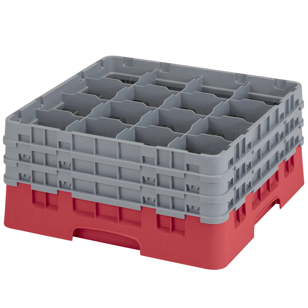 Cambro 16S738163 Camrack 7 3/4" High Customizable Red 16 Compartment Glass Rack with 3 Extenders