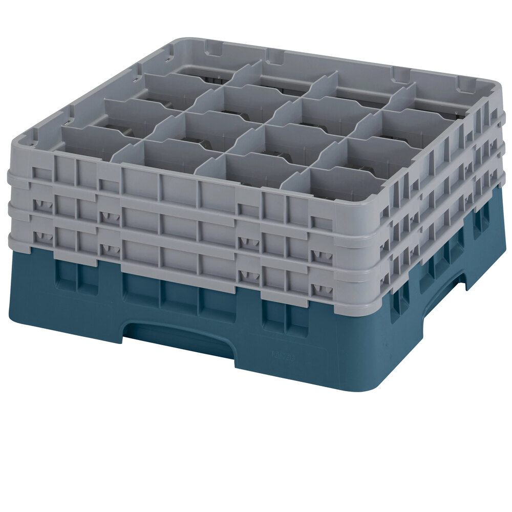Cambro 16S738414 Camrack 7 3/4" High Customizable Teal 16 Compartment Glass Rack with 3 Extenders