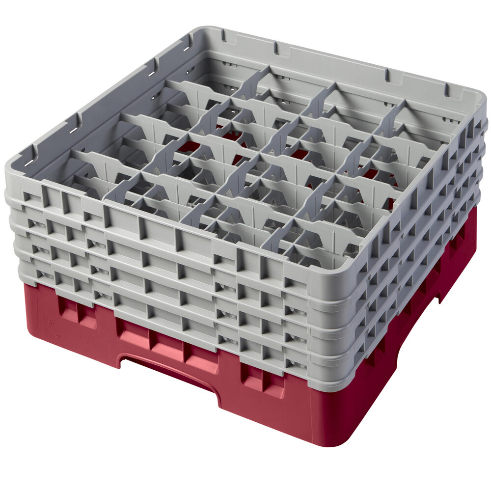 Cambro 16S800-416 Camrack 8 1/2" High Cranberry Customizable 16 Compartment Glass Rack with 4 Extenders