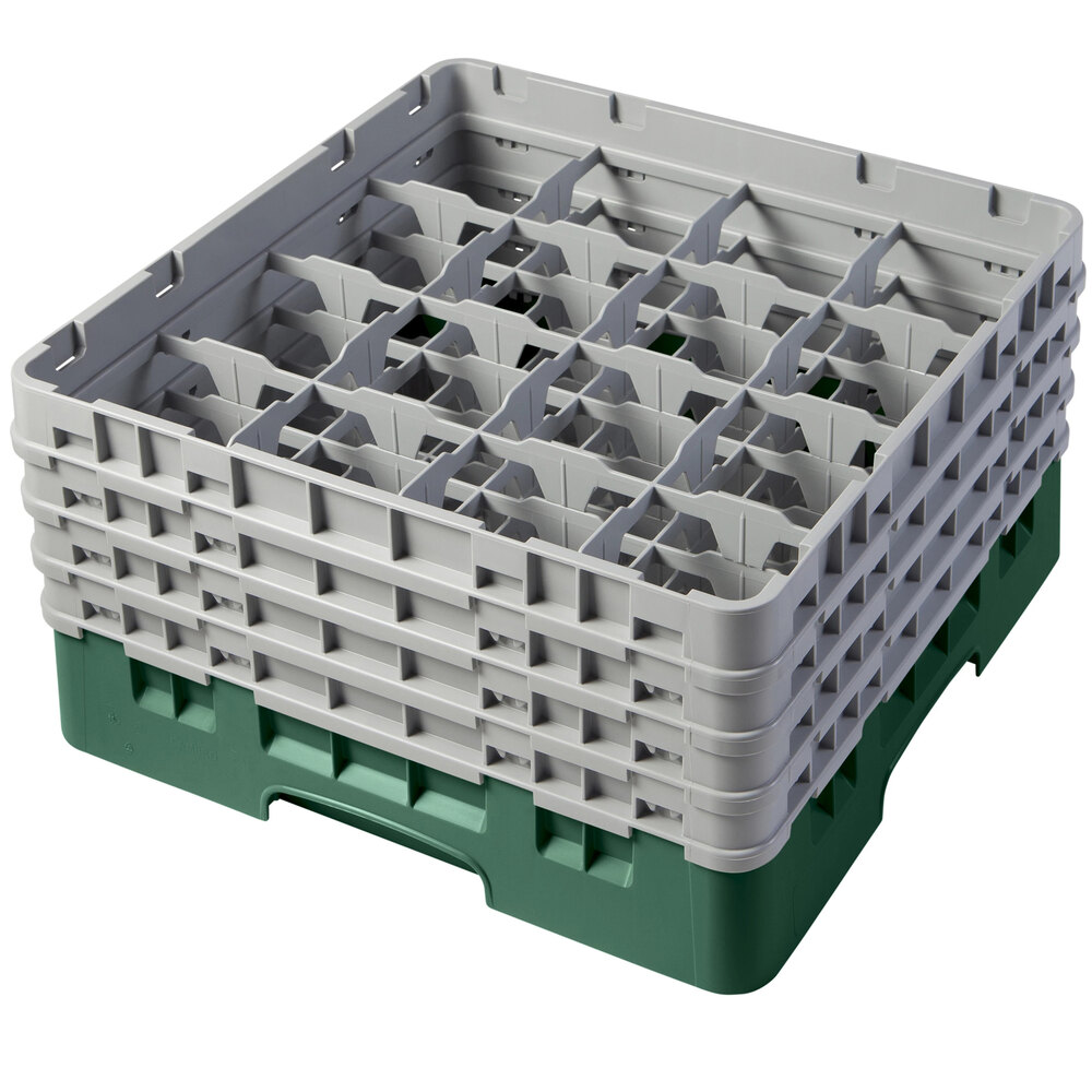 Cambro 16S800119 Camrack 8 1/2" High Customizable Sherwood Green 16 Compartment Glass Rack with 4 Extenders