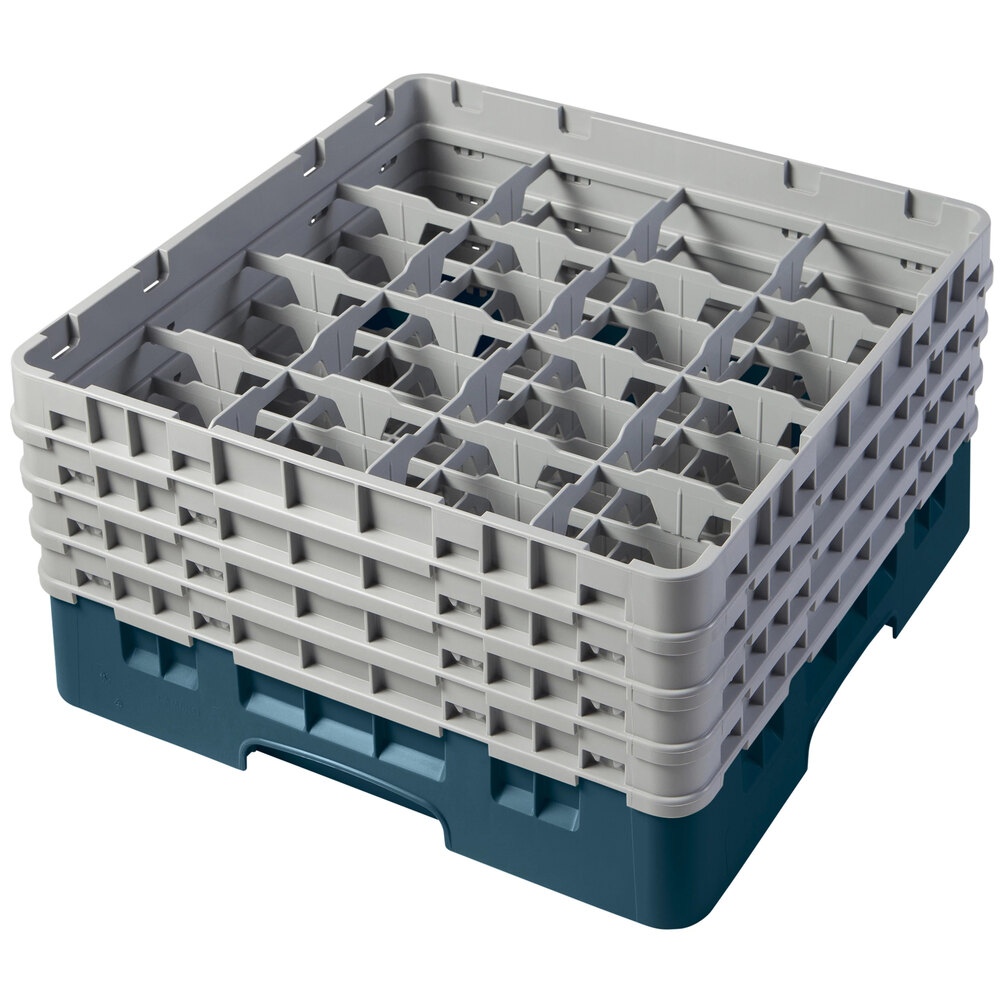 Cambro 16S800414 Camrack 8 1/2" High Customizable Teal 16 Compartment Glass Rack with 4 Extenders