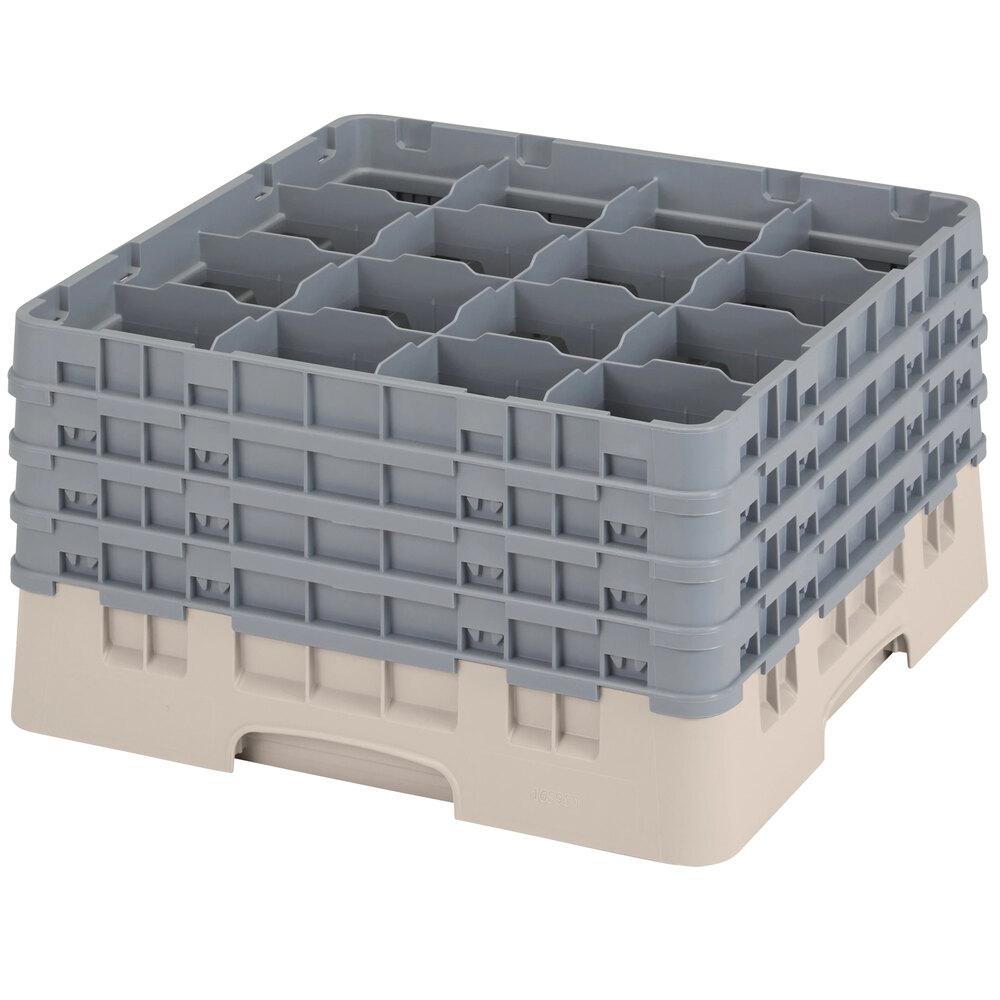 Cambro 16S900184 Camrack 9 3/8" High Customizable Beige 16 Compartment Glass Rack with 4 Extenders
