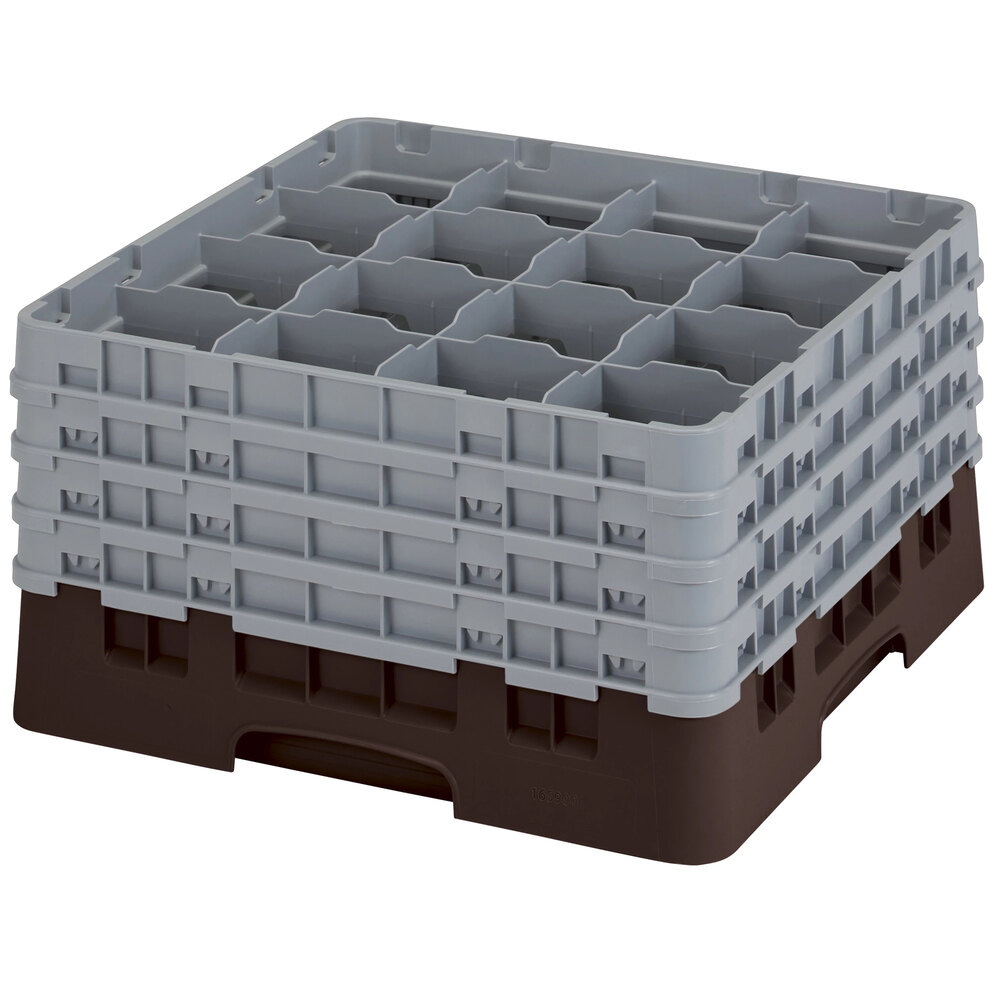 Cambro 16S900167 Camrack 9 3/8" High Customizable Brown 16 Compartment Glass Rack with 4 Extenders