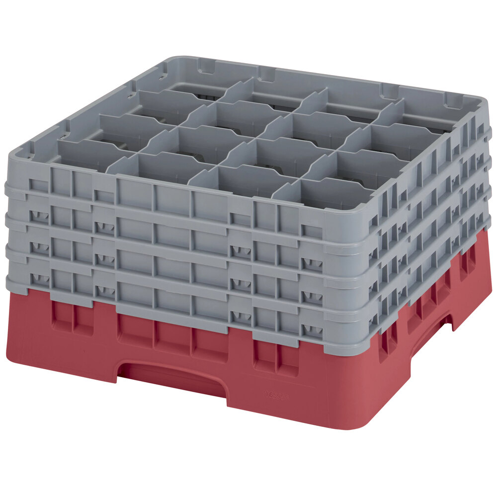 Cambro 16S900416 Camrack 9 3/8" High Customizable Cranberry 16 Compartment Glass Rack with 4 Extenders