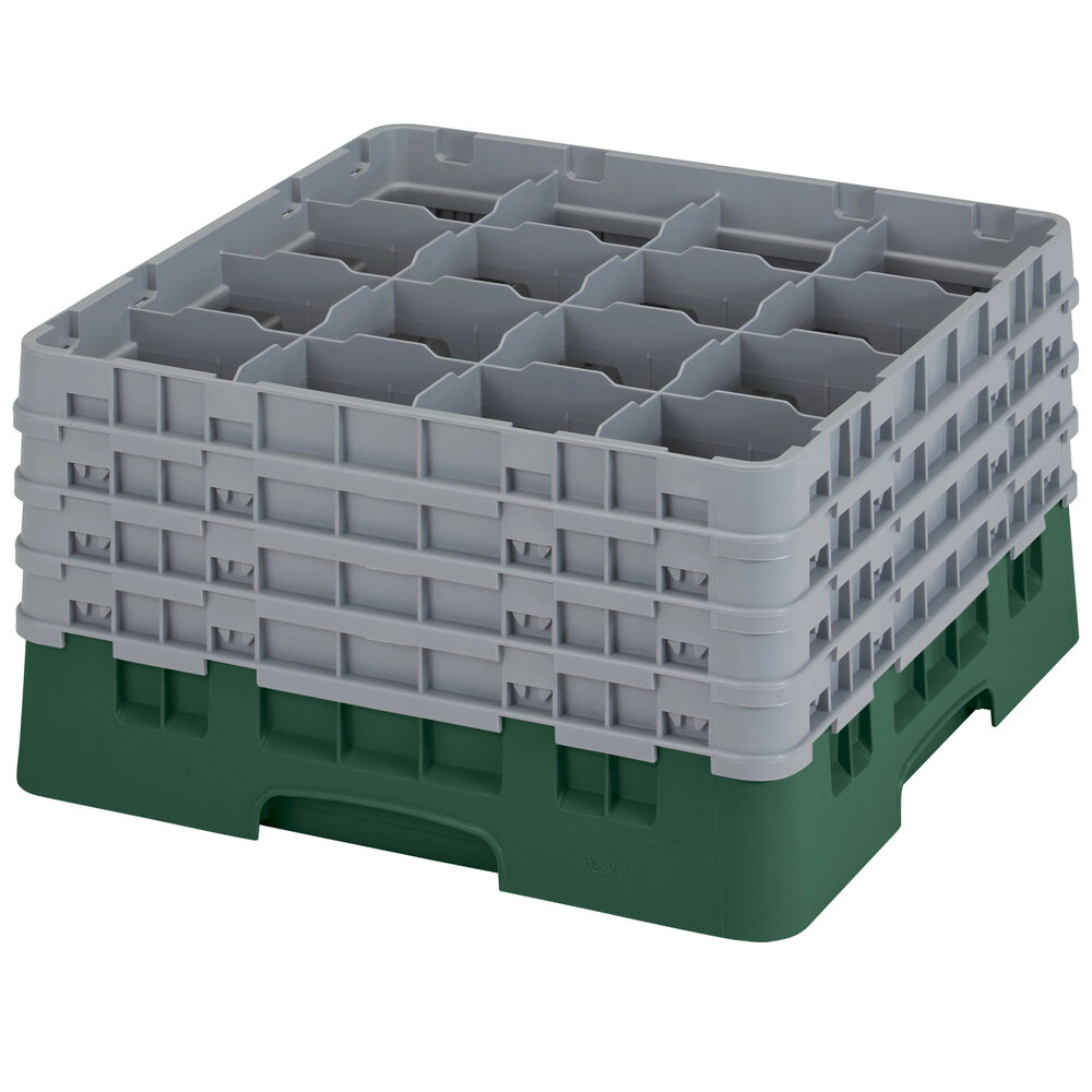Cambro 16S900-119 Camrack 9 3/8" High Customizable Green 16 Compartment Glass Rack with 4 Extenders