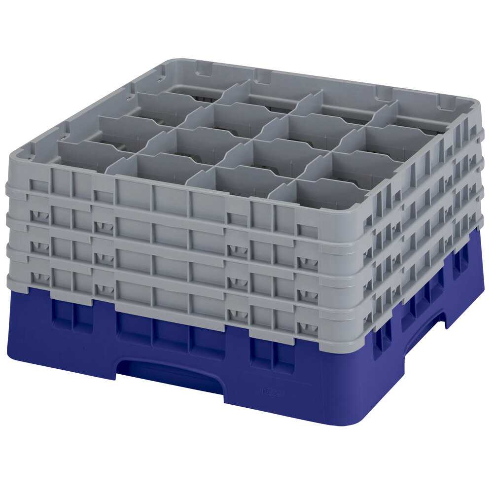 Cambro 16S900186 Camrack 9 3/8" High Customizable Navy Blue 16 Compartment Glass Rack with 4 Extenders