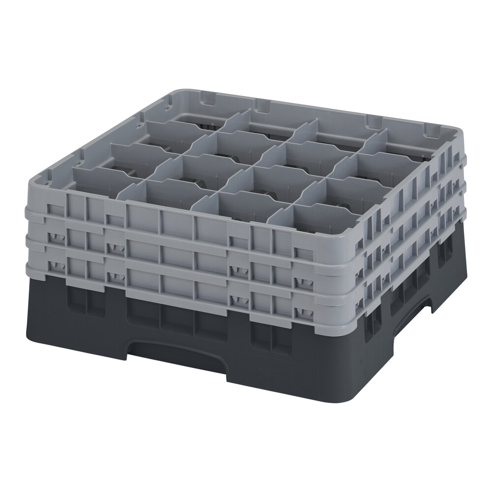 Cambro 16S738 Camrack 7 3/4" High Customizable Black 16 Compartment Glass Rack with 3 Extenders