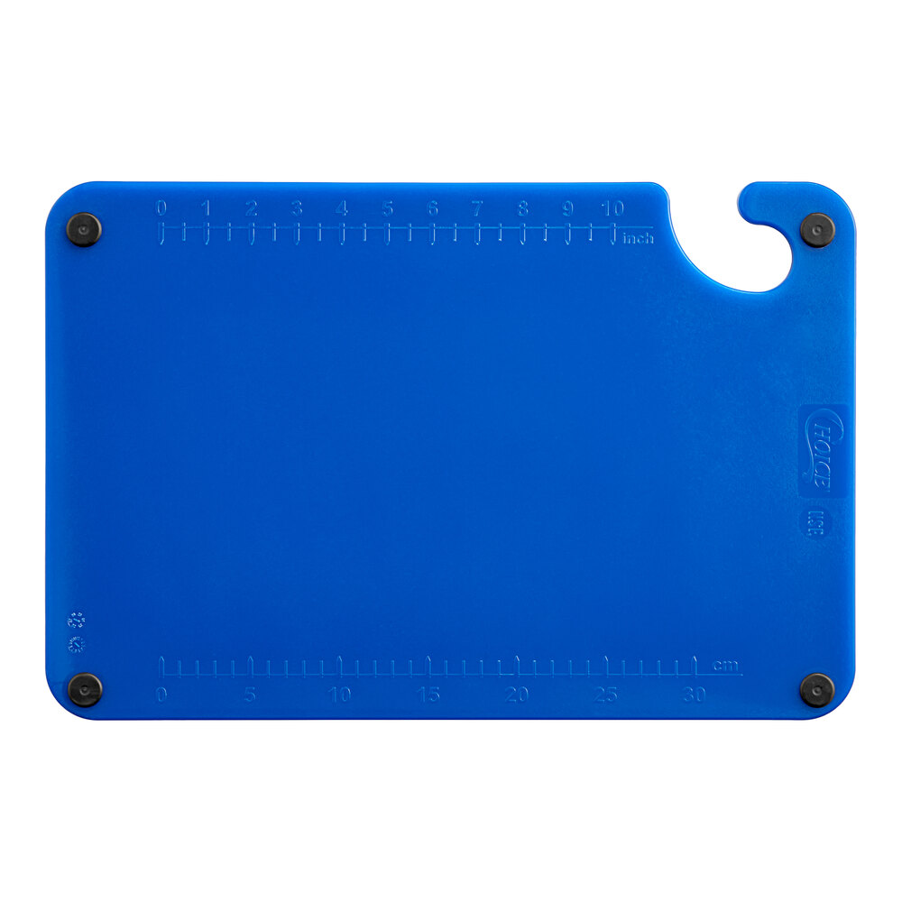 Choice 18" x 12" x 1/2" Blue Cutting Board with Grips, Hook, and Rulers
