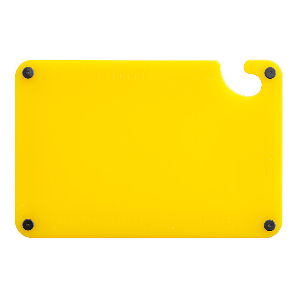 Choice 18" x 12" x 1/2" Yellow Cutting Board with Grips, Hook, and Rulers