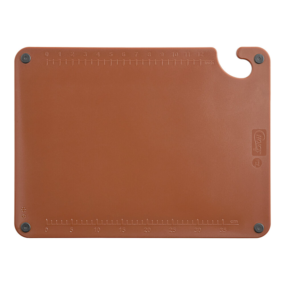 Choice 20" x 15" x 1/2" Brown Cutting Board with Grips, Hook, and Rulers