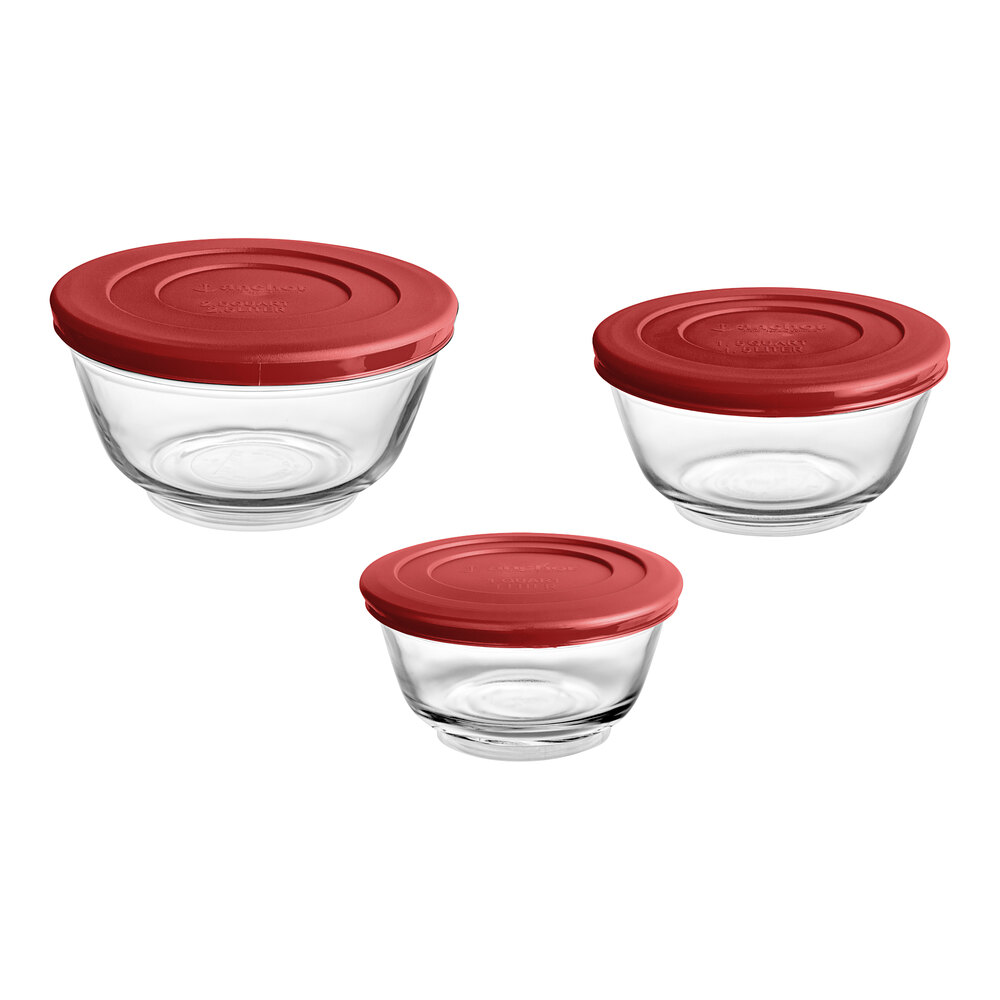 Anchor Hocking Glass Mixing Bowl Set with Red Plastic Lids 92224L20 - 3/Set