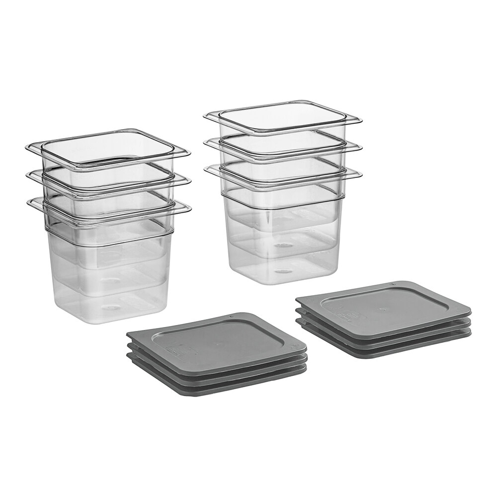 Vigor 1/6 Size 6" Deep Clear Food Pan with Secure Sealing Cover - 6/Pack
