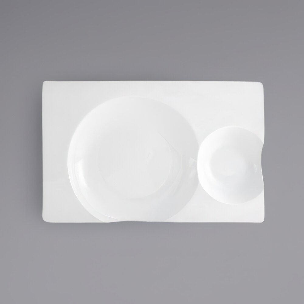 Front of the House DDP052WHP22 Harmony Bento 11" x 7" Bright White 2-Compartment Rectangular Porcelain Plate - 6/Case