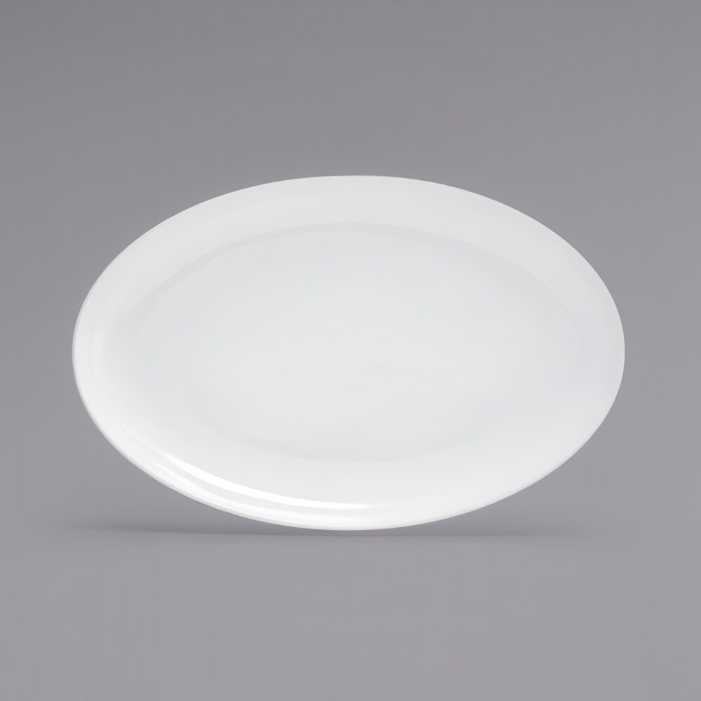 Front of the House DOS025WHP21 Harmony 11 1/2" x 7 1/2" Bright White Coupe Oval Porcelain Plate - 4/Case