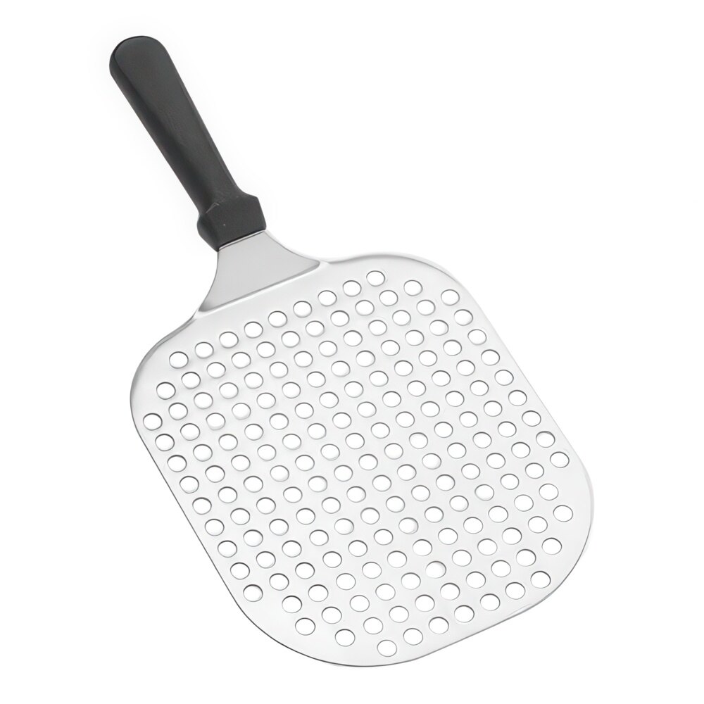 American Metalcraft 9 5/8" x 7 1/4" Perforated Stainless Steel Mini Pizza Peel with 5 1/8" Black Polypropylene Handle PLP147