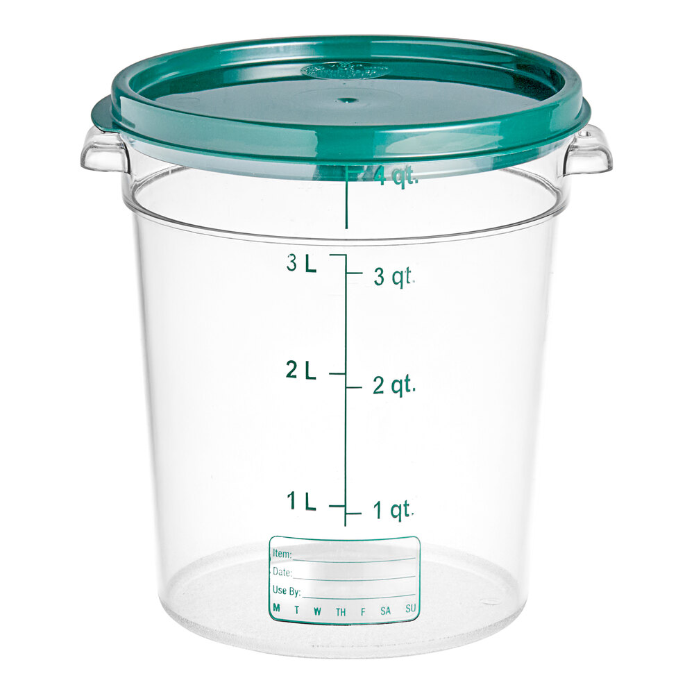 Vigor 4 Qt. Clear Round Polycarbonate Food Storage Container and Green Lid - 12/Pack