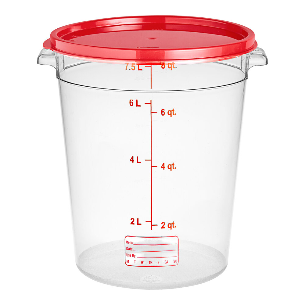 Vigor 8 Qt. Clear Round Polycarbonate Food Storage Container and Red Lid - 12/Pack