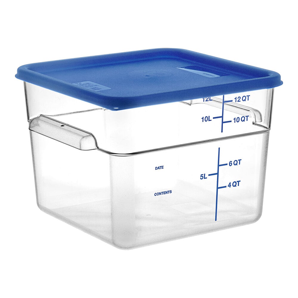 Vigor 12 Qt. Clear Square Polycarbonate Food Storage Container and Blue Lid - 6/Pack