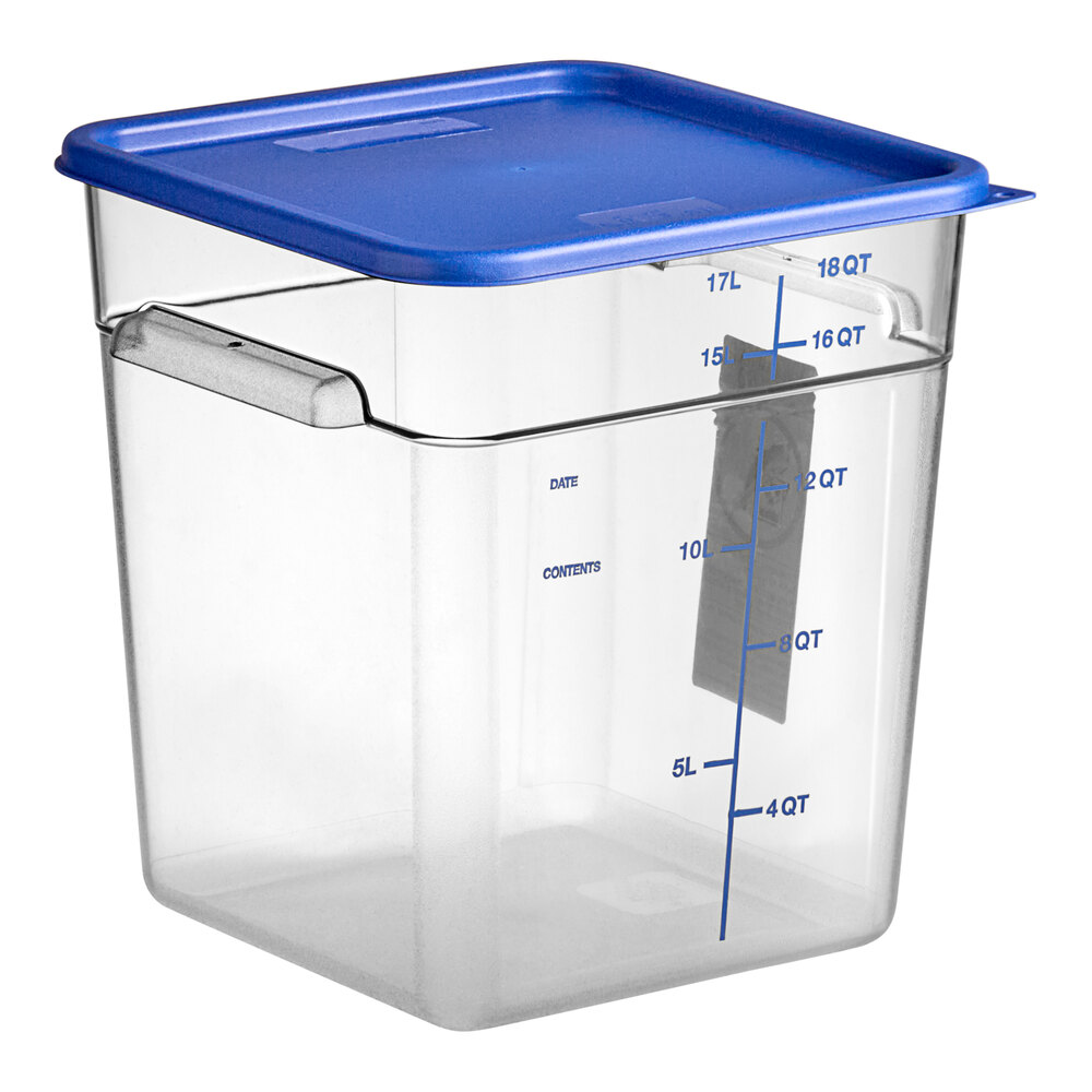 Vigor 18 Qt. Clear Square Polycarbonate Food Storage Container and Blue Lid - 6/Pack
