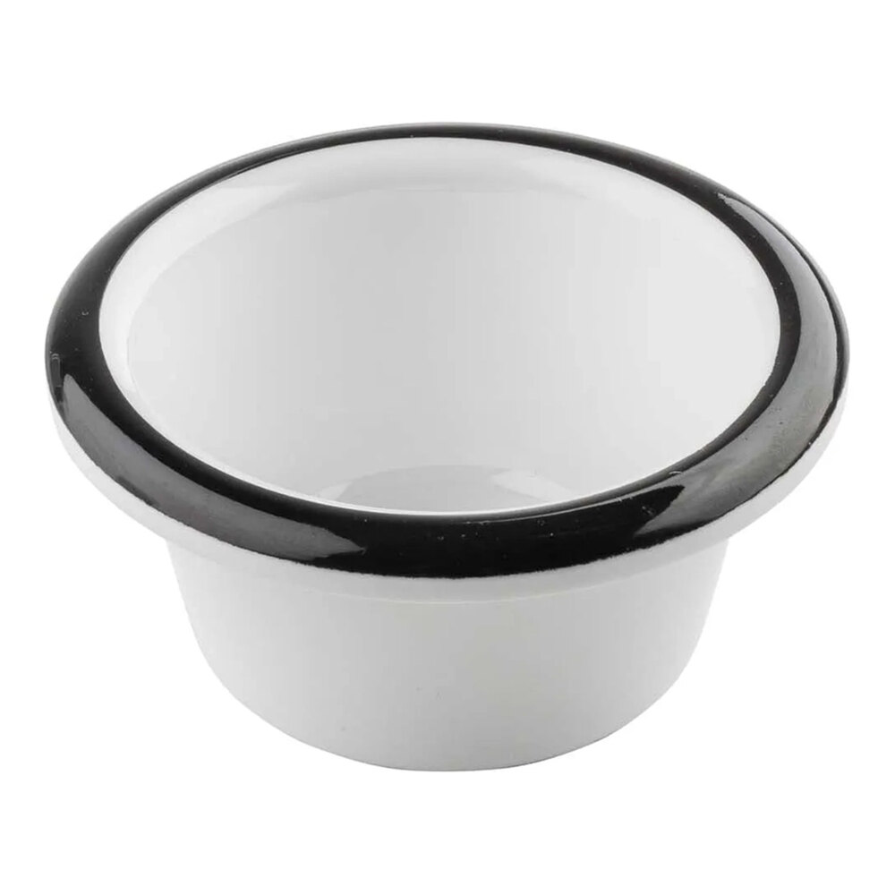 Tablecraft Canteen Collection 2 oz. Round White Melamine Ramekin with Black Rim - 24/Case