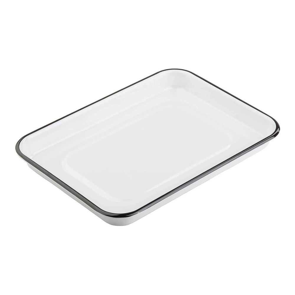Tablecraft Canteen Collection 13" x 9 1/2" White Rectangular Melamine Tray with Black Rim - 6/Case