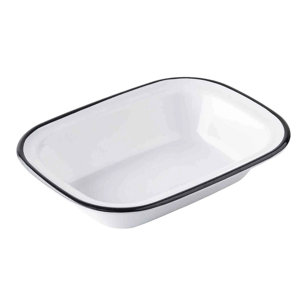Tablecraft Canteen Collection 30 oz. White Rectangular Melamine Serving Bowl with Black Rim - 12/Case