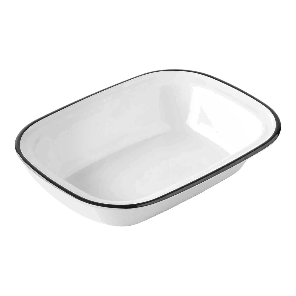 Tablecraft Canteen Collection 48 oz. White Rectangular Melamine Serving Bowl with Black Rim - 4/Case
