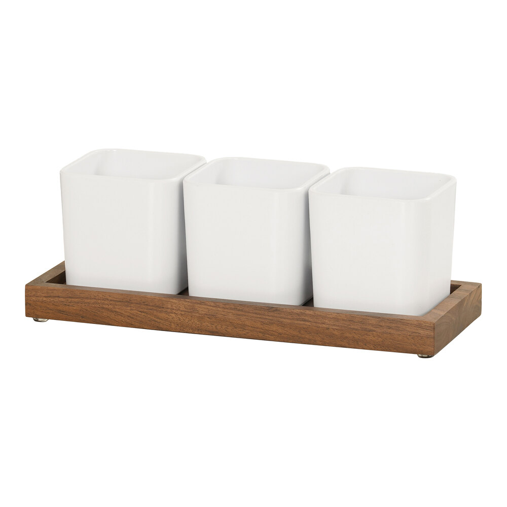 Cal-Mil Sydney 12 3/4" x 5" x 4 1/2" Walnut Condiment Organizer with 3 White Square Melamine Jars