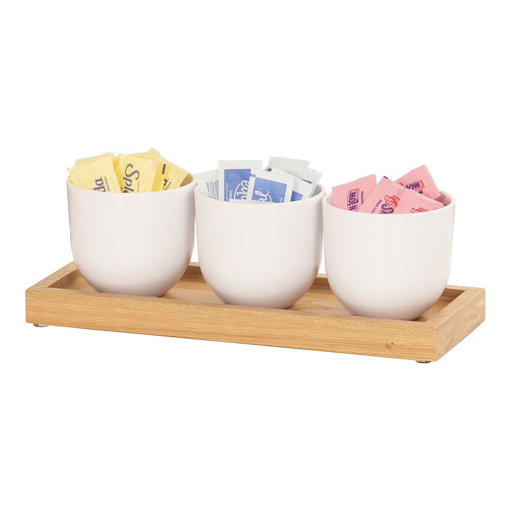Cal-Mil Sydney 12 3/4" x 5" x 4 1/2" Oak Condiment Organizer with 3 White Round Melamine Jars