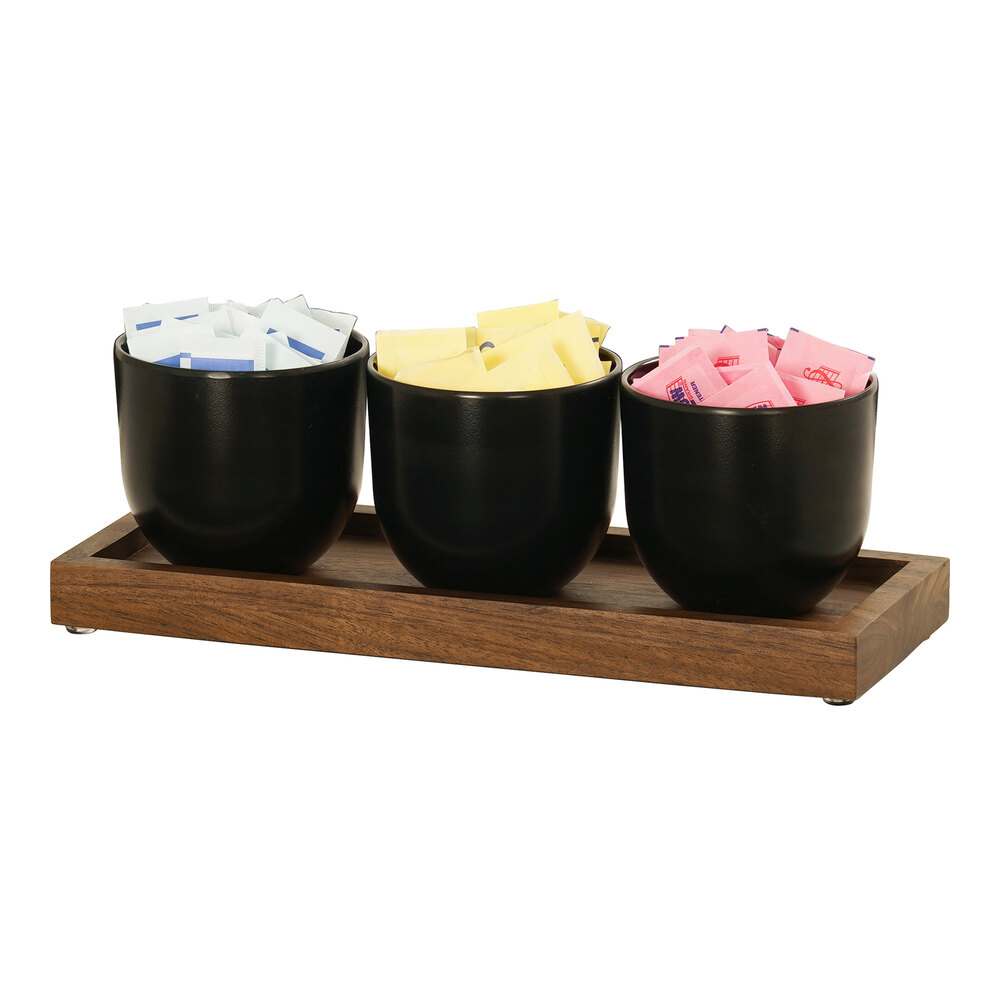 Cal-Mil Sydney 12 3/4" x 5" x 4 1/2" Walnut Condiment Organizer with 3 Black Round Melamine Jars