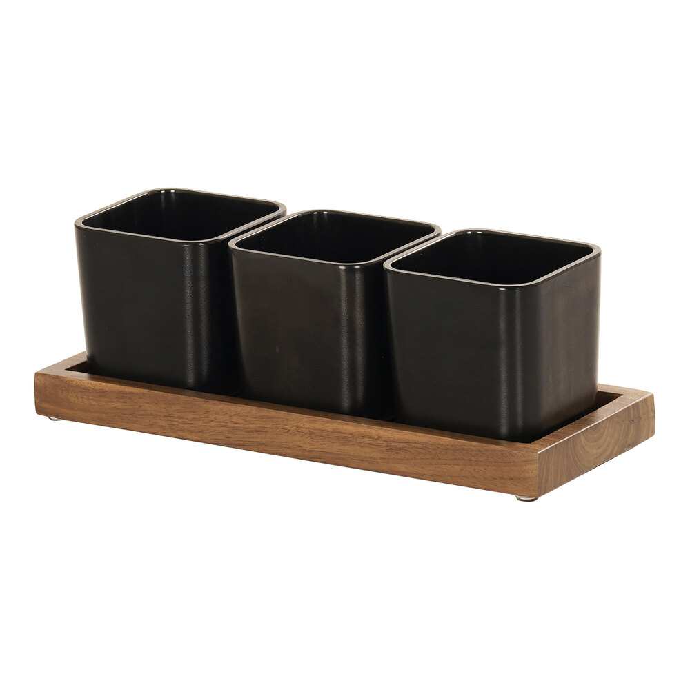 Cal-Mil Sydney 12 3/4" x 5" x 4 1/2" Walnut Condiment Organizer with 3 Black Square Melamine Jars