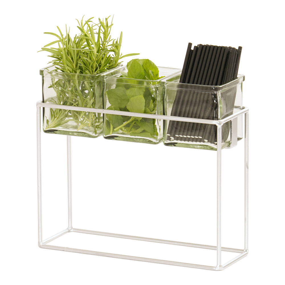 Cal-Mil Milo 12 1/2" x 4 1/2" x 9" Chrome Condiment Display with 3 Square Glass Jars