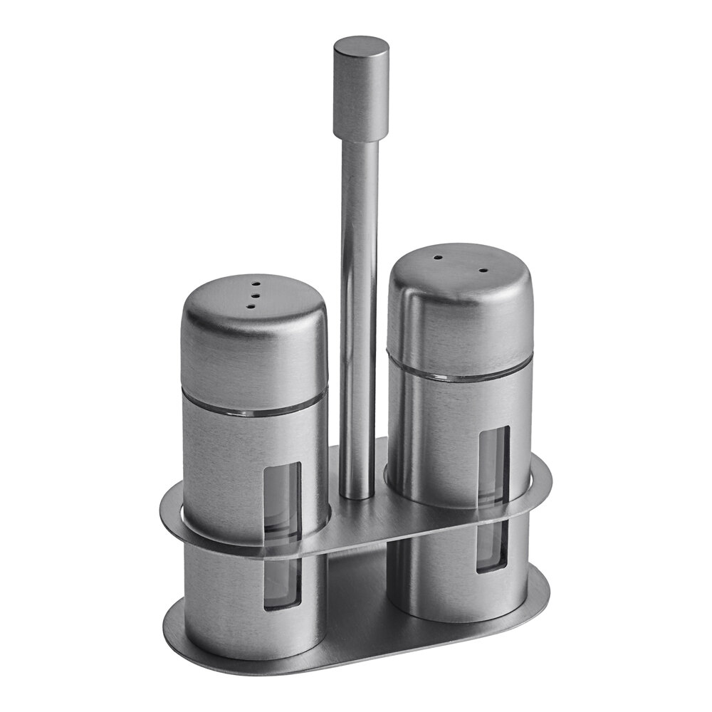 American Metalcraft SP6 1 oz. Brushed Stainless Steel Round Salt and Pepper Shaker Set with Base - 12/Case