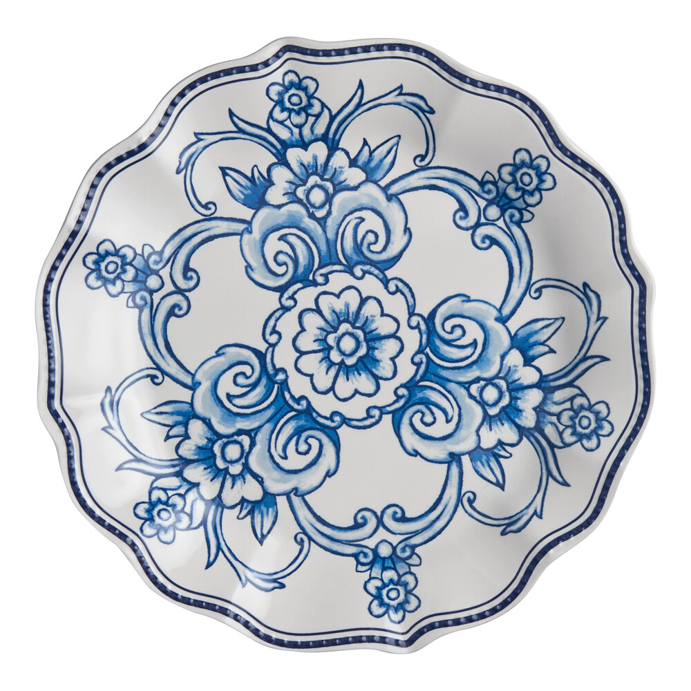 American Metalcraft BLUP8 Isabella 9" Round White / Blue Floral Melamine Plate with Scalloped Rim