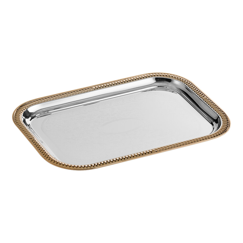 Vollrath 47260 Odyssey 18 1/4" x 12 1/4" Rectangular Gold Trim Metal Catering Tray