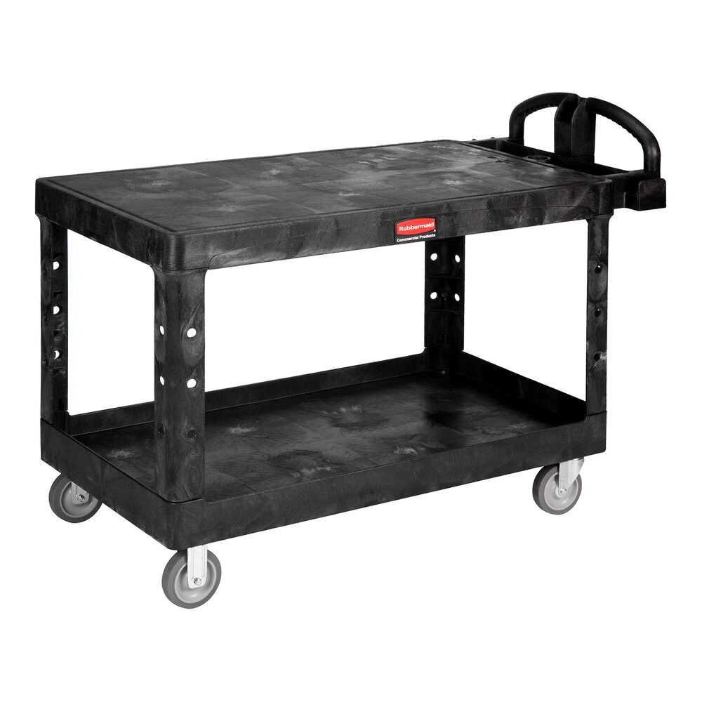Rubbermaid® FG454500BLA Black Large Flat Two Flat Shelf Utility Cart with Ergonomic Handle